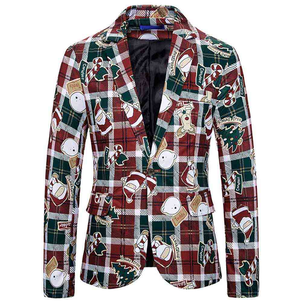 Mens Christmas Jacket Cartoon Plaid Printed Slim Fit Dinner Blazer Red