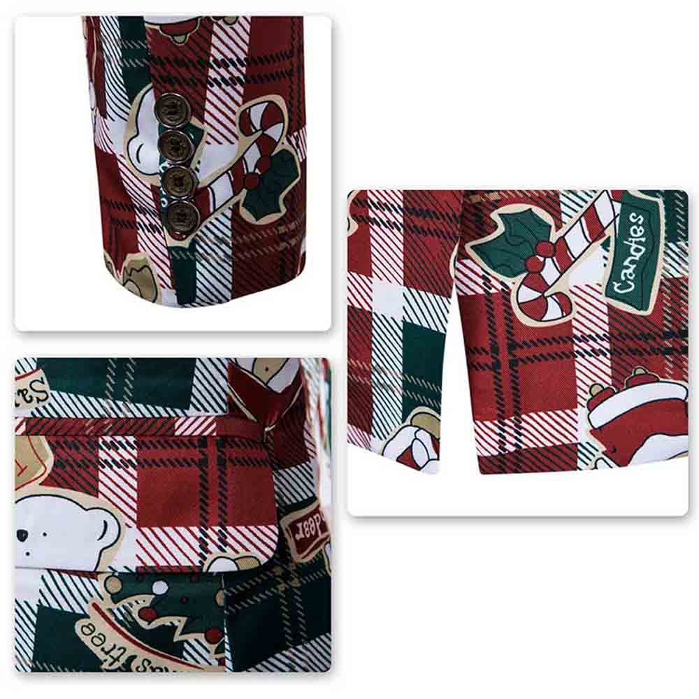Mens Christmas Jacket Cartoon Plaid Printed Slim Fit Dinner Blazer Red