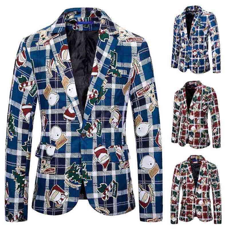 Mens Christmas Jacket Cartoon Plaid Printed Slim Fit Dinner Blazer Blue