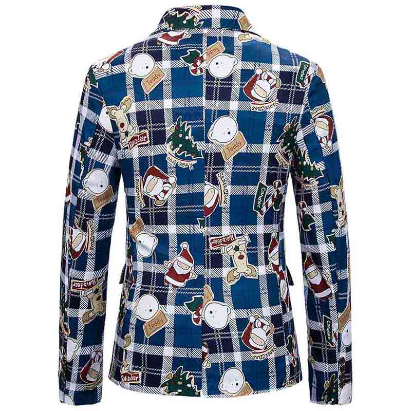 Mens Christmas Jacket Cartoon Plaid Printed Slim Fit Dinner Blazer Blue