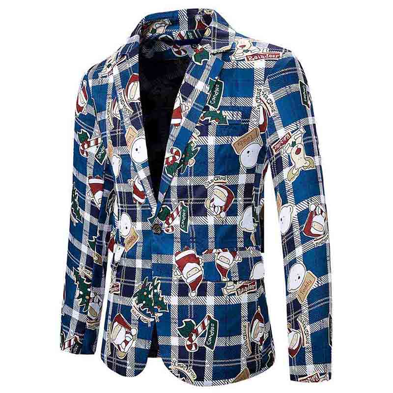 Mens Christmas Jacket Cartoon Plaid Printed Slim Fit Dinner Blazer Blue