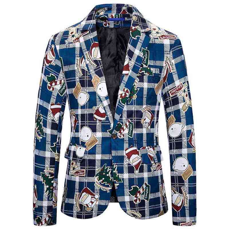 Mens Christmas Jacket Cartoon Plaid Printed Slim Fit Dinner Blazer Blue