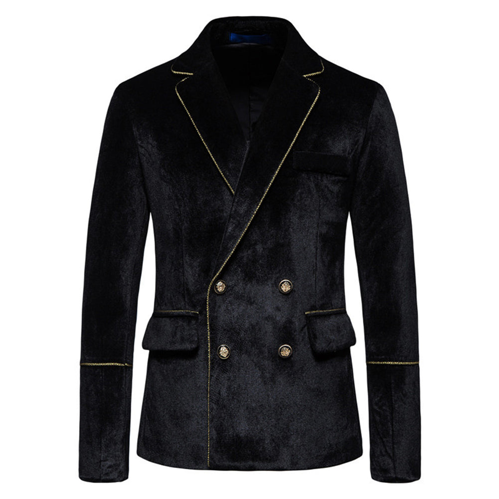 2-Piece Velvet Trimmed Solid Double-Breasted Dress Suit Black