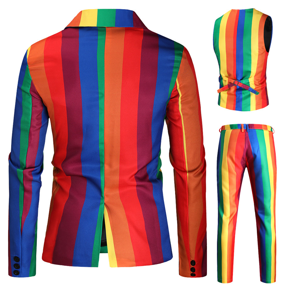 3-Piece Men's Stripe Rainbow Clown Celebration Suit