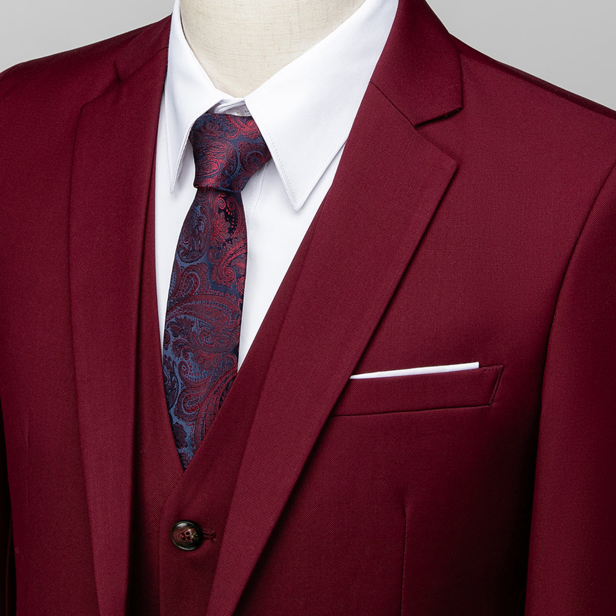 Men's Two-Button Back Slit Lapel Collar 3-Piece Suit Wine Red