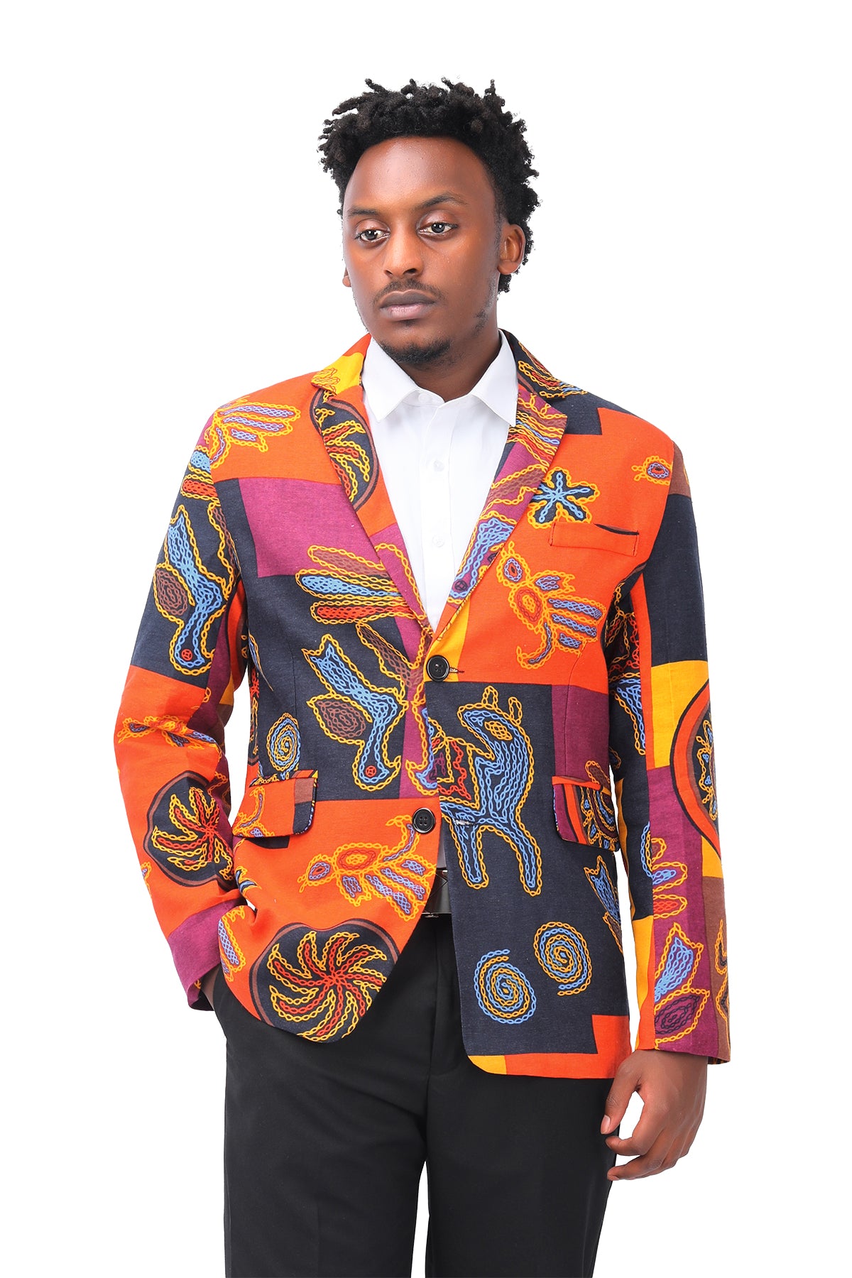 Mens Suit Jacket Floral Printed Casual Blazer Coat Orange