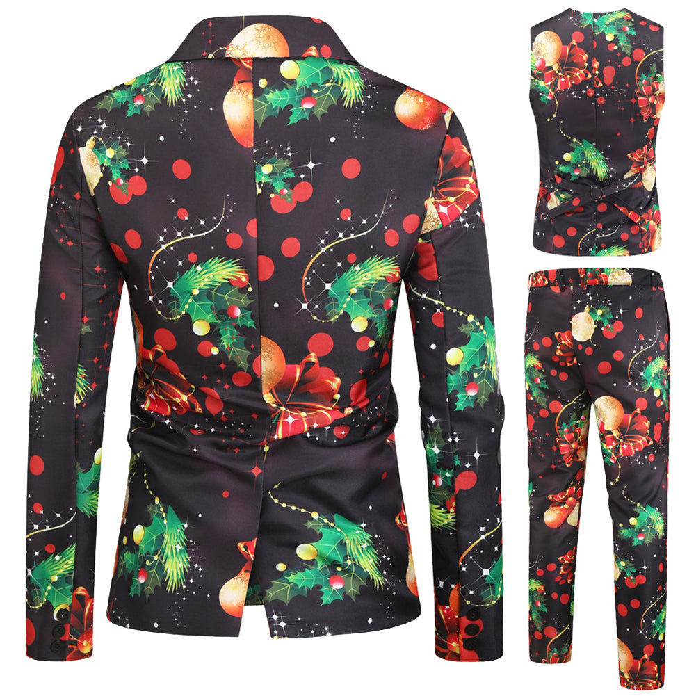 Men's 3-piece Christmas Light Christmas Print Suit Black