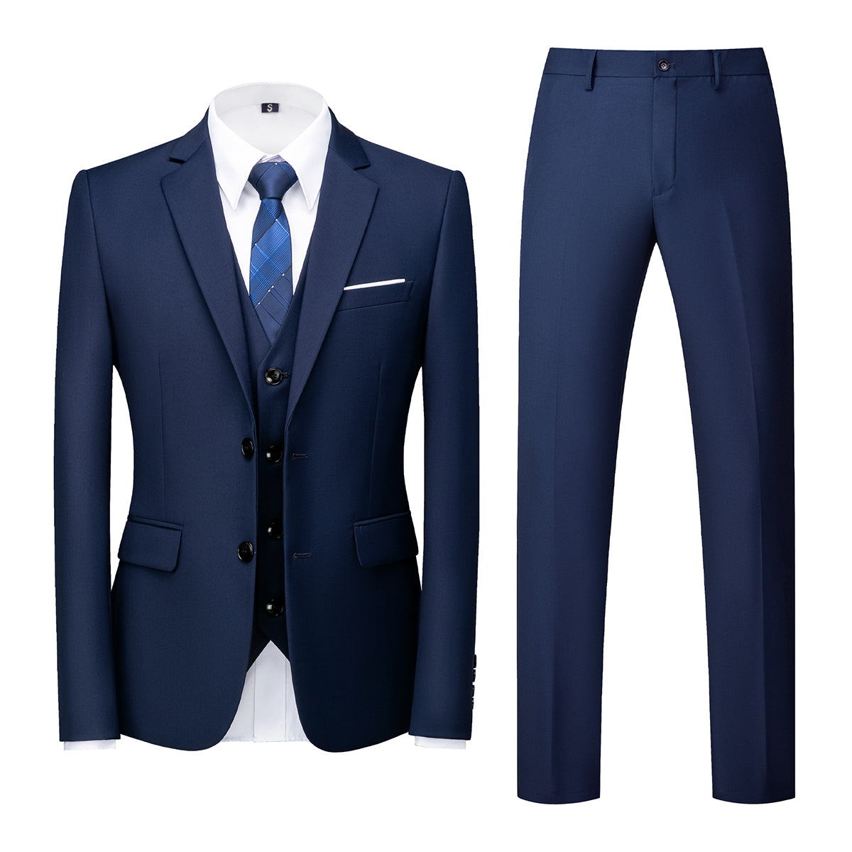Men's Two-Button Back Slit Lapel Collar 3-Piece Suit Navy