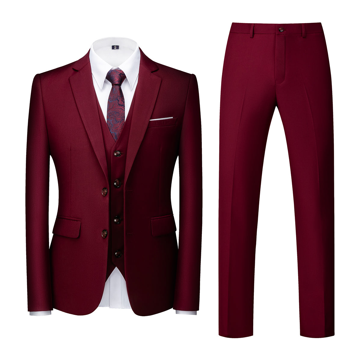Men's Two-Button Back Slit Lapel Collar 3-Piece Suit Wine Red