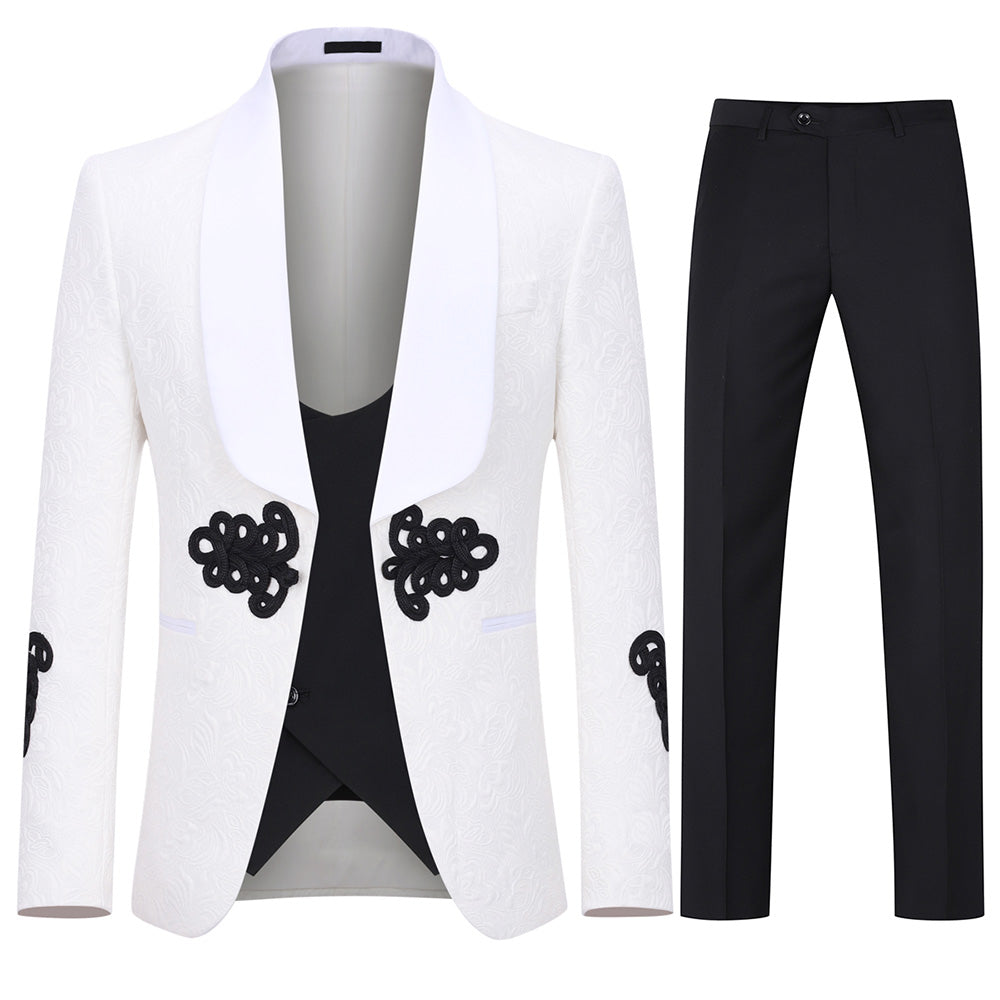 3-Piece White Jacquard Floral Suit