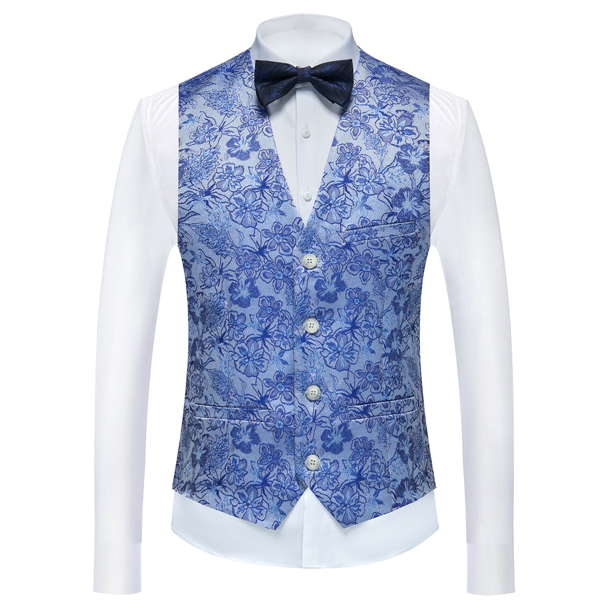 Men's Shawl Collar Print Suit 3-Piece Dress Suit Blue