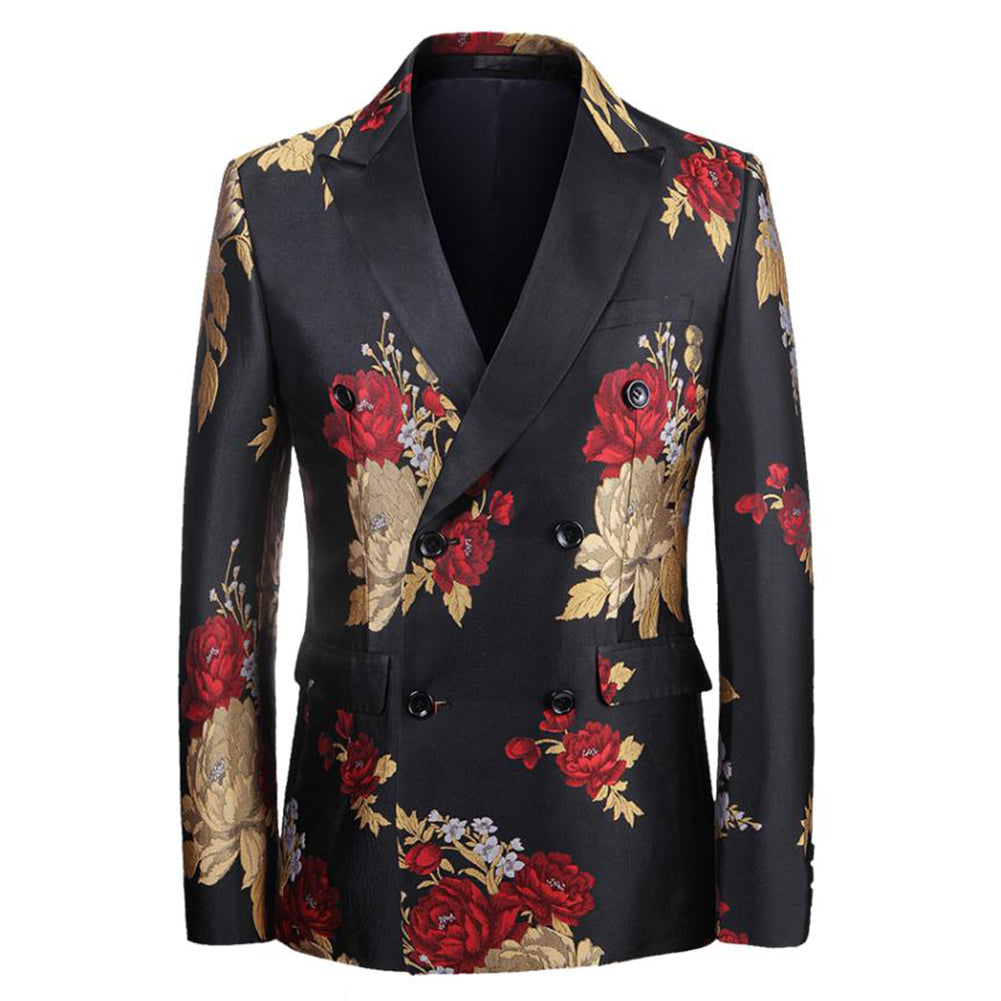 Mens 2-Piece Peony Print Lapel Double Breasted Suit