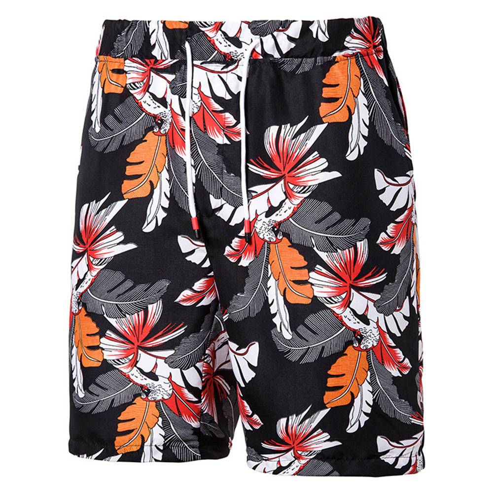 Relaxed Fit Leaf Print Beach Shorts Black