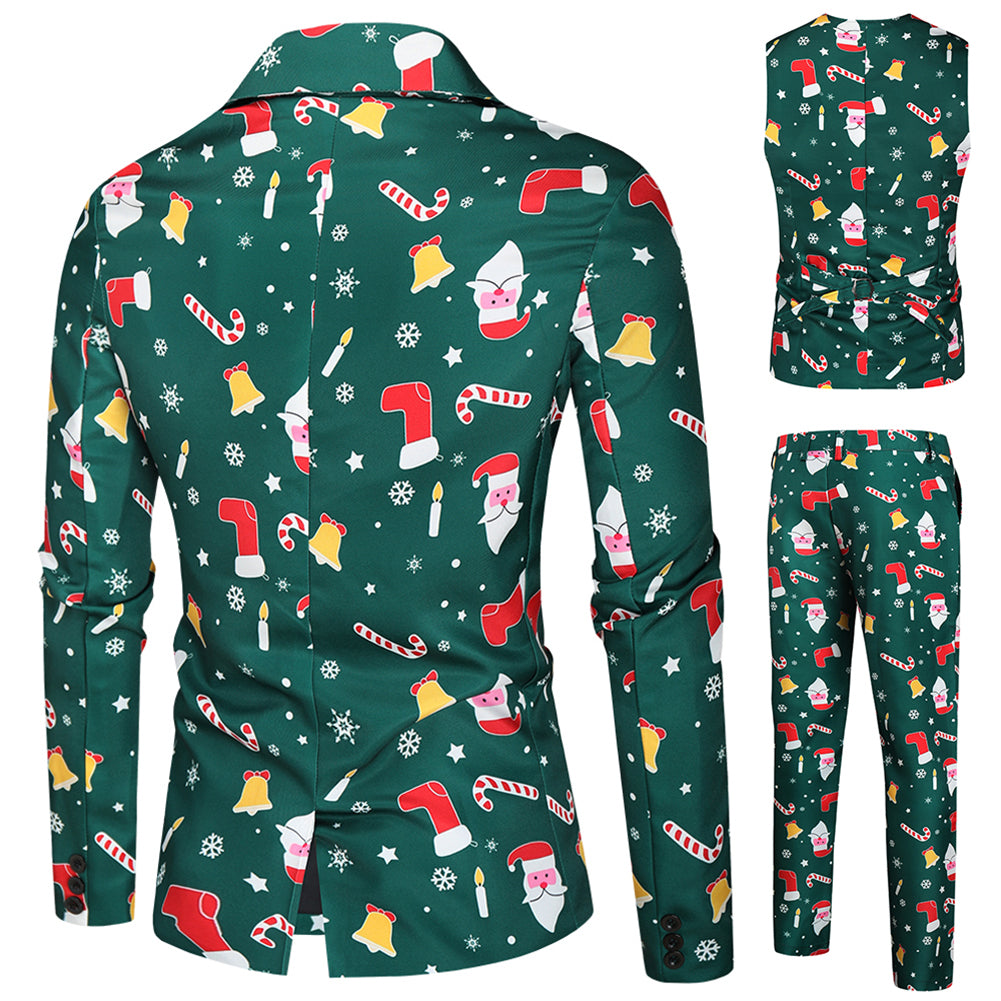 Men's 3-piece Santa Claus Christmas Print Suit Dark Green