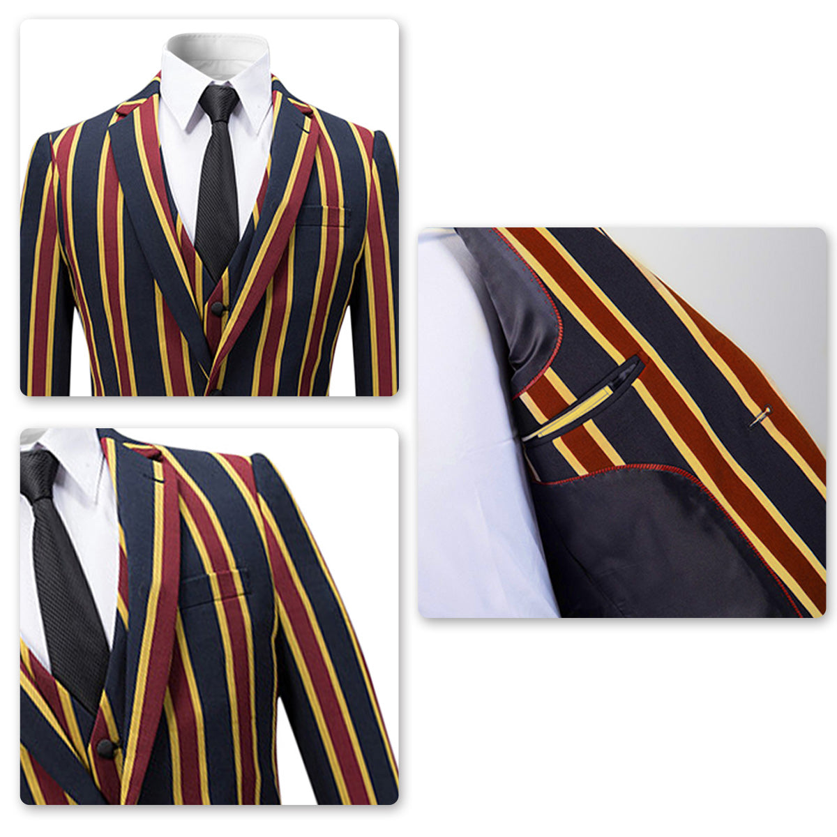 Mens Red & Navy Striped 3 Piece Suit Slim Fit Tuxedo Blazer Jacket Pants Vest Set