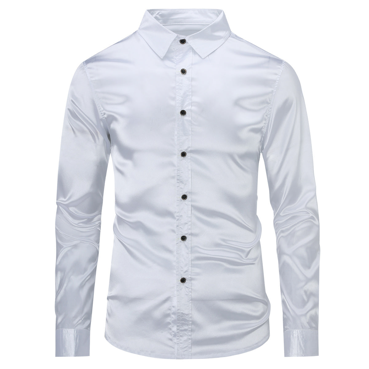 Men's Casual Fashion Shiny Long Sleeve Lapel Shirt White