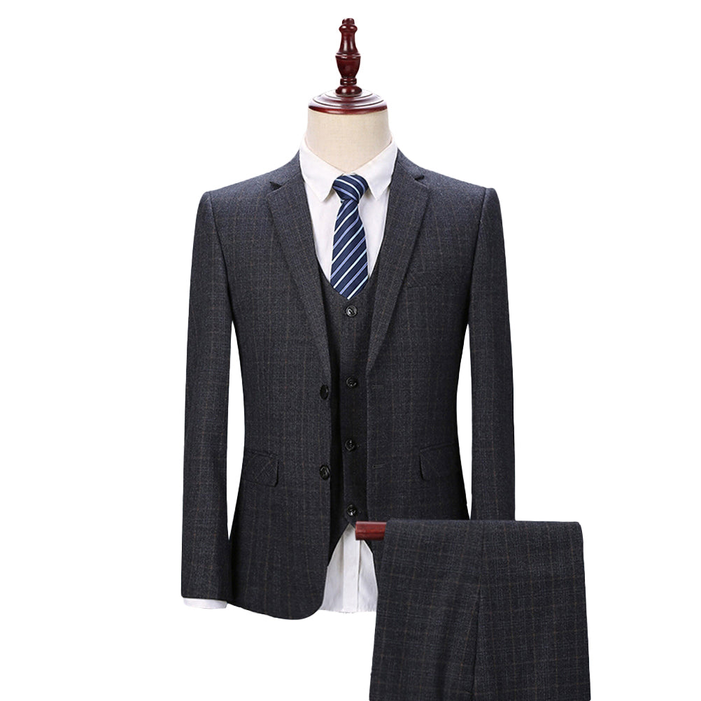 Mens 3-Piece Plaid Two Button Suit Slim Fit Grey