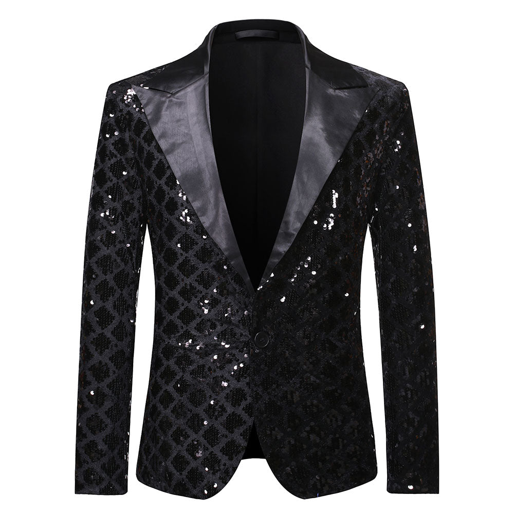 Slim Fit Diamond Check Black Blazer Metal Sequins