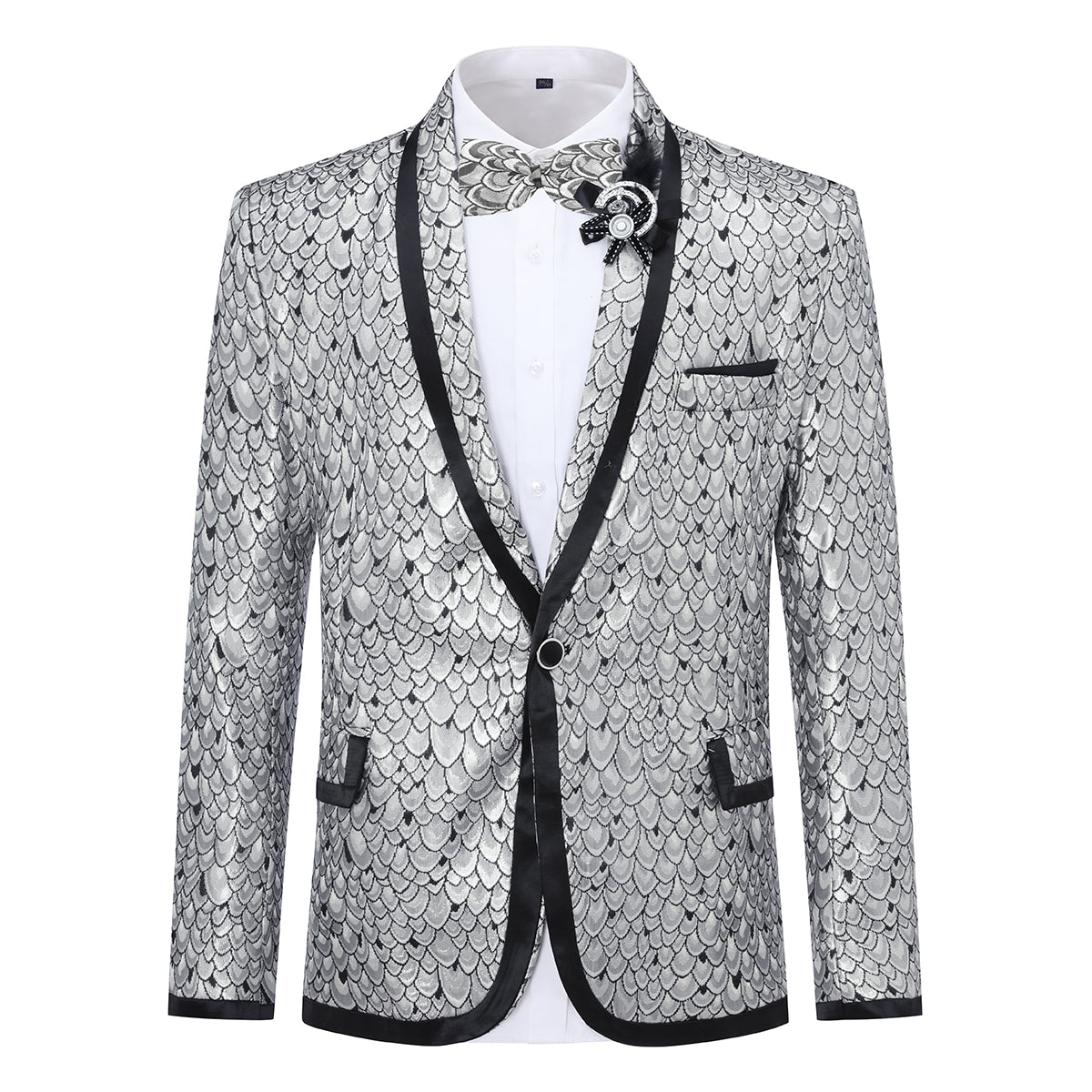 3-Piece Slim Fit Silver Sequin Fish Scales Suit