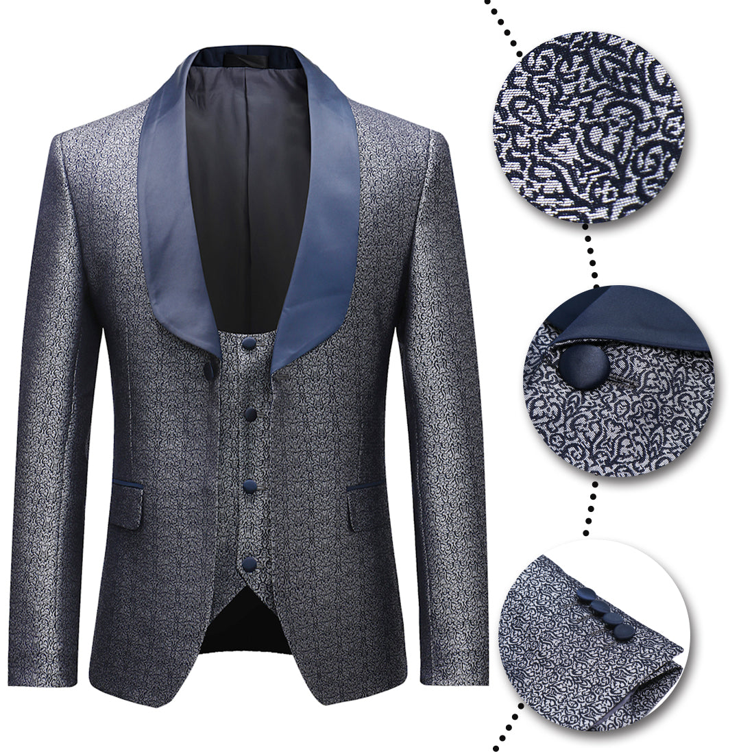 Mens 3 Pieces One Button Elegant Dress Suits Navy
