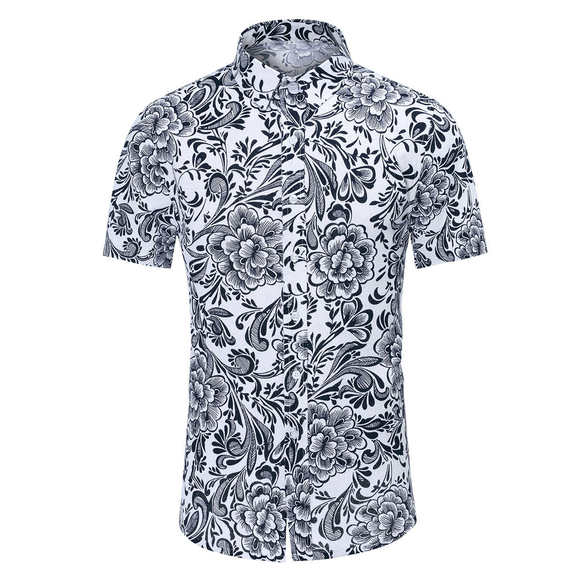 Men's Slim Fit Multicolor Flower Print Short Sleeve Shirt