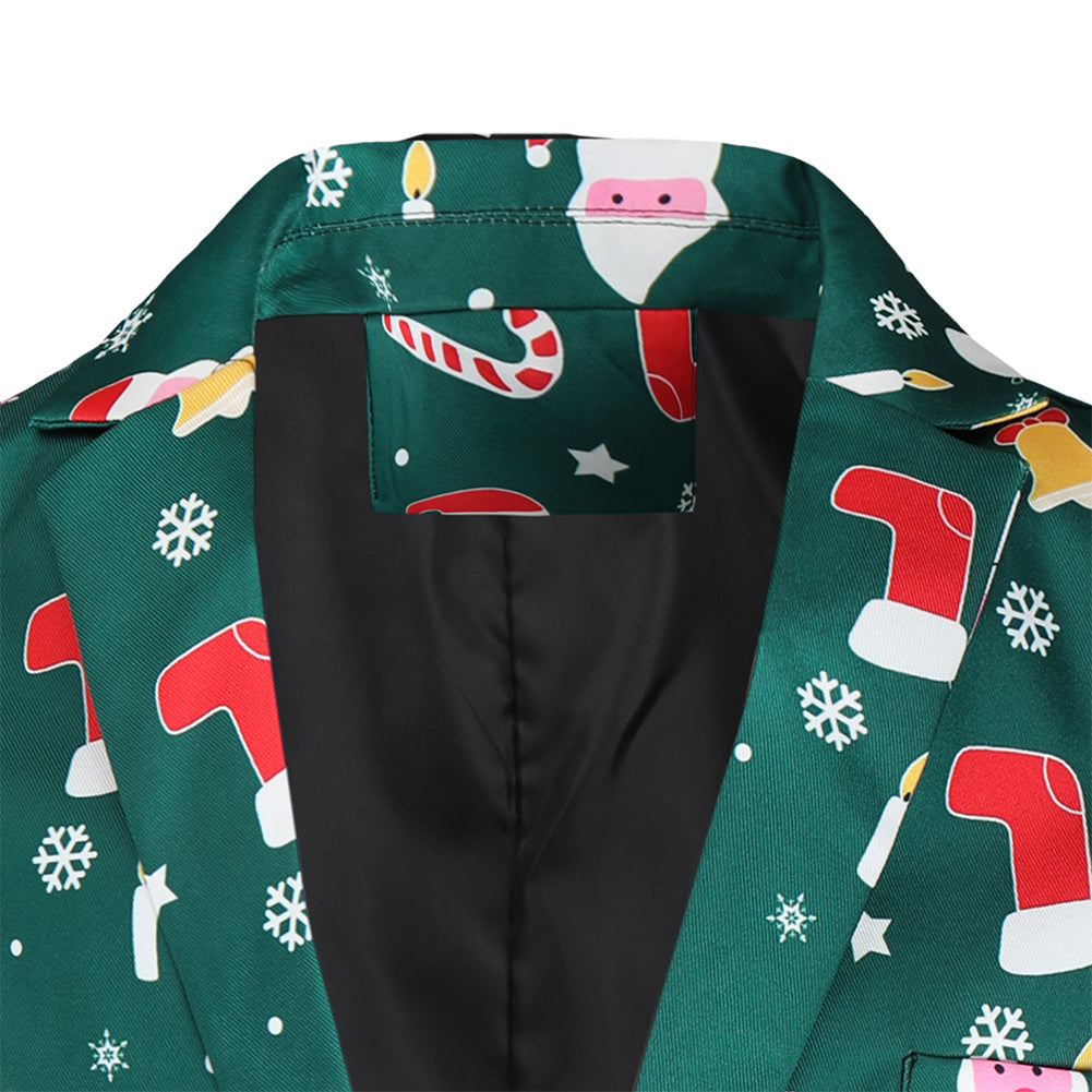 Men's 3-piece Santa Claus Christmas Print Suit Dark Green