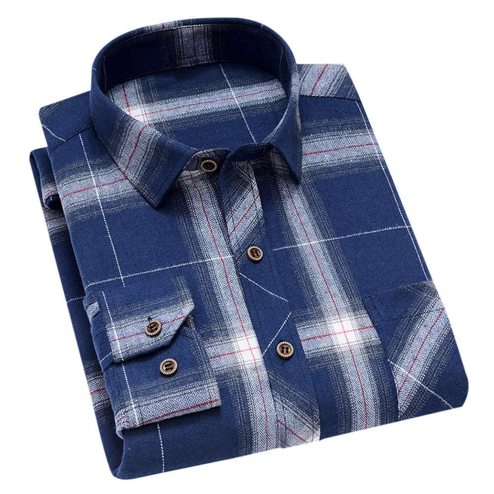Men's Check Lapel Long Sleeve Shirt Blue