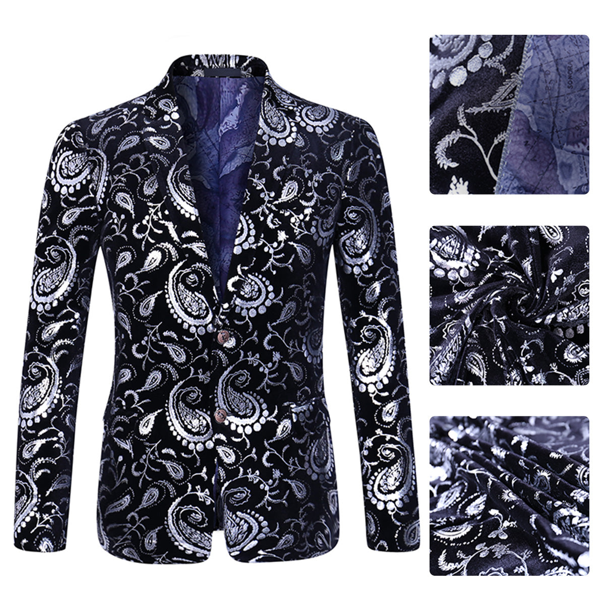 Men's Casual Slim Fit Blazer Shiny Printed Jacket Silver And Black