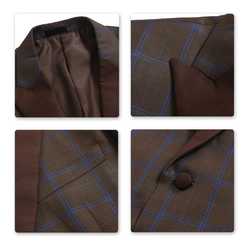 3-Piece Slim Fit Casual Plaid Suit Brown