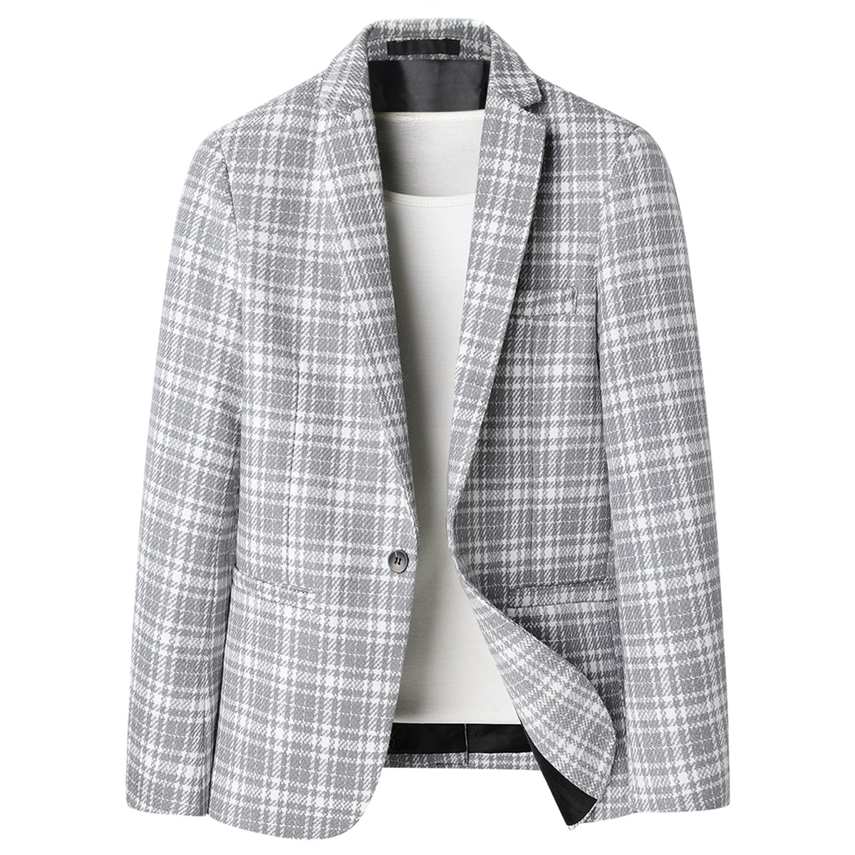Men's Autumn One Button Casual Plaid Jacket Light Grey