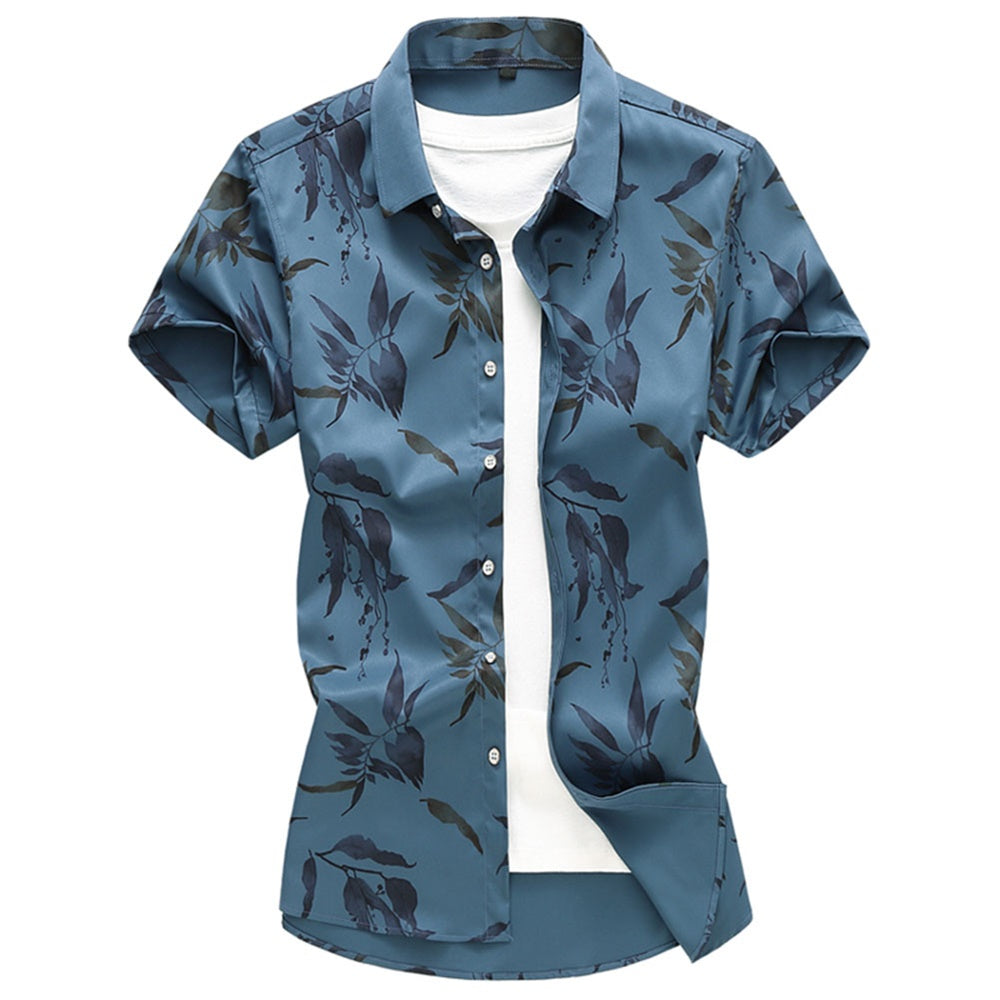 Slim Fit Bamboo Leaves Blooming Shirt DarkBlue
