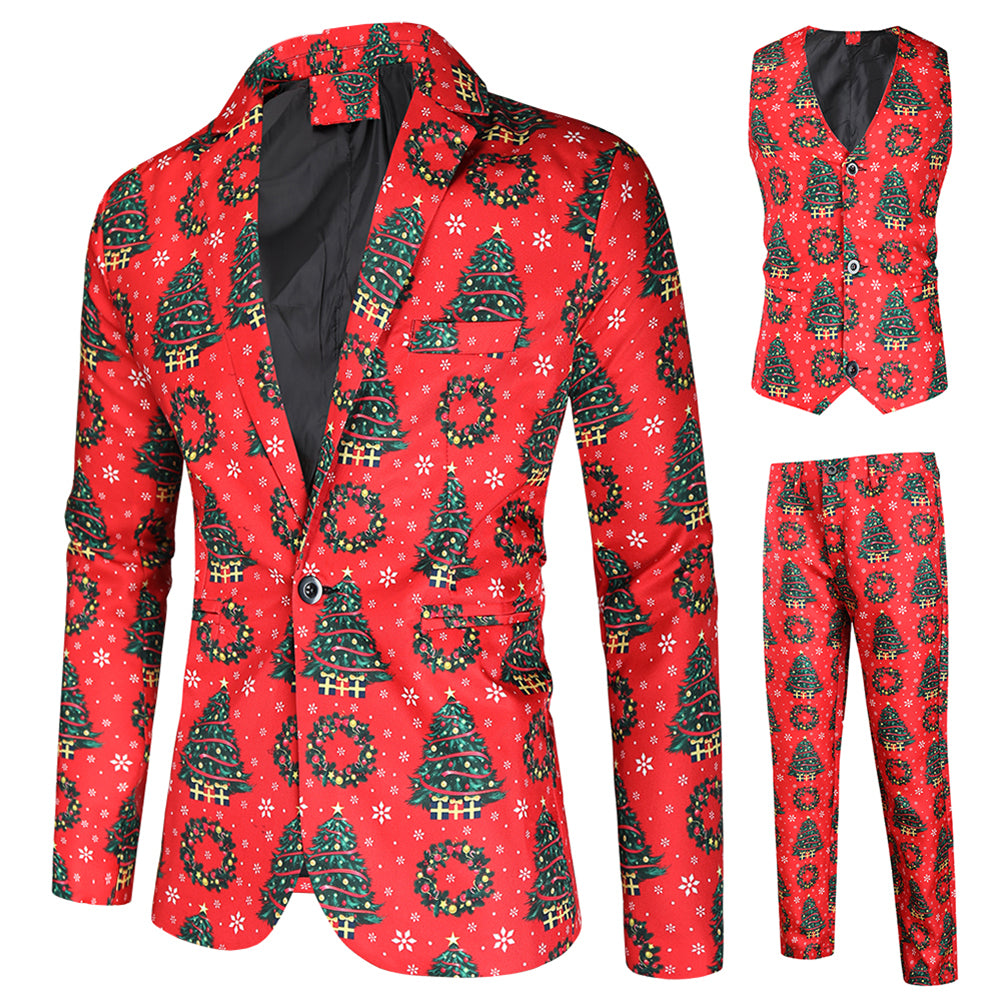 Men's 3-piece Christmas Tree Christmas Print Suit Red