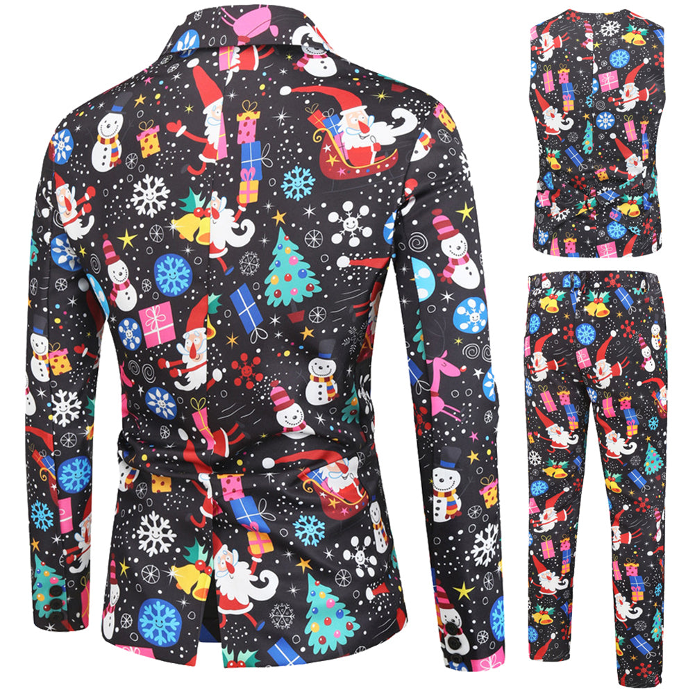 Men's 3-piece Christmas Print Suit Black