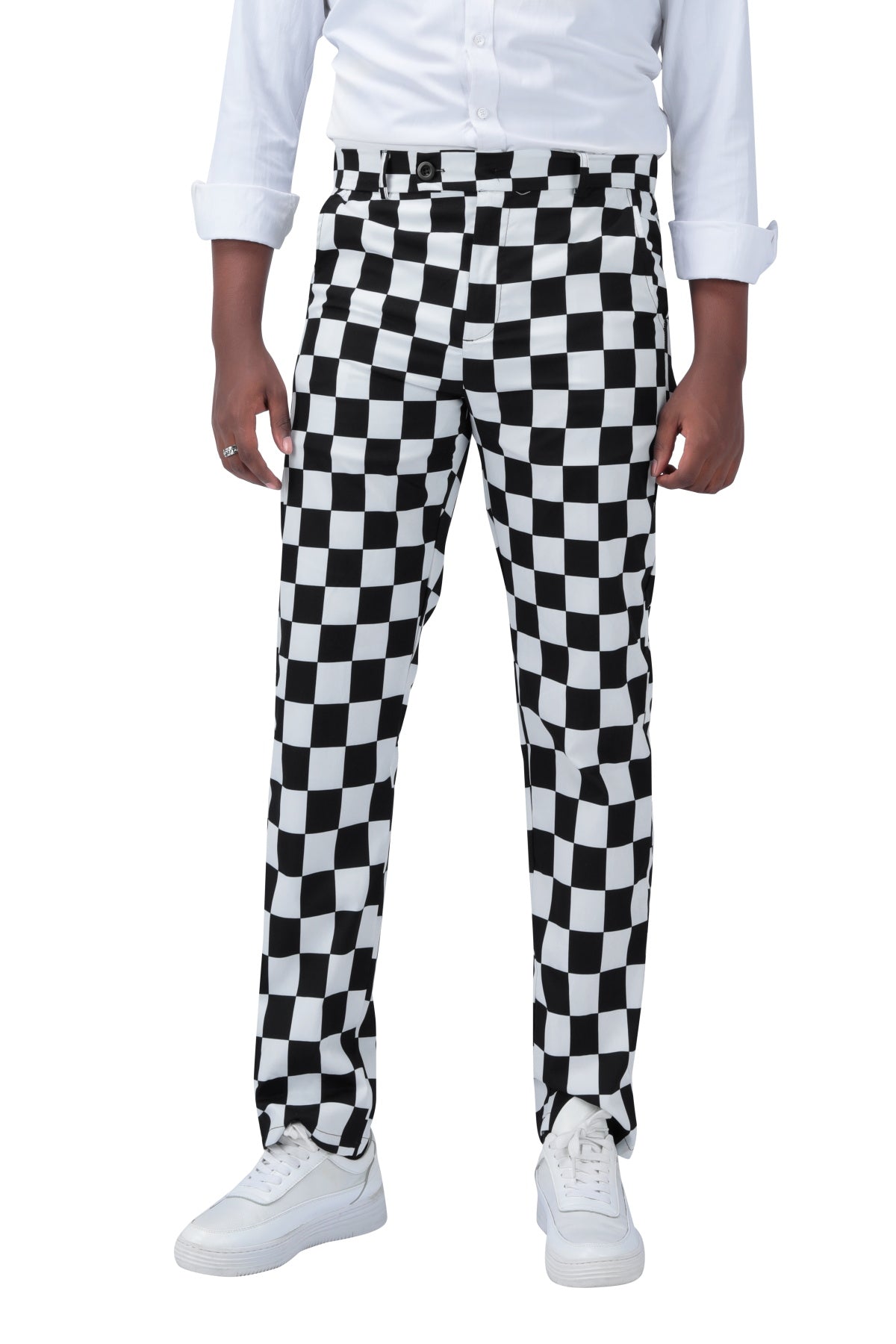 Men's Black and White Check Straight Casual Trousers