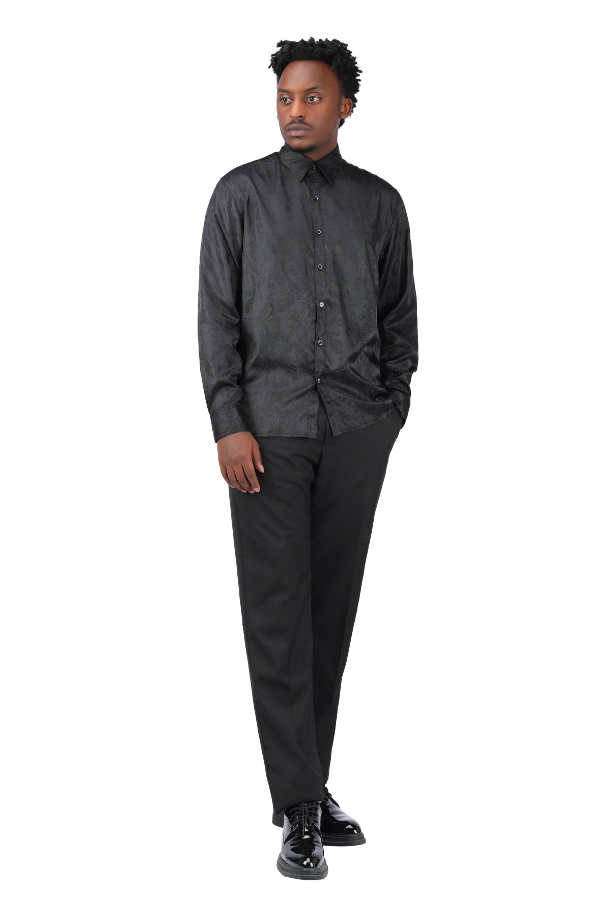 Slim Fit Embroidered Black Paisley Shirt
