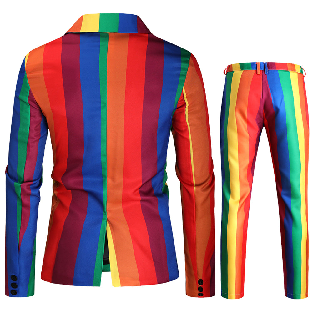 2 Piece Men's Stripe Colorblock Rainbow Celebration Suit