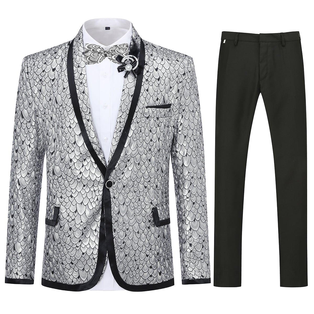 3-Piece Slim Fit Silver Sequin Fish Scales Suit