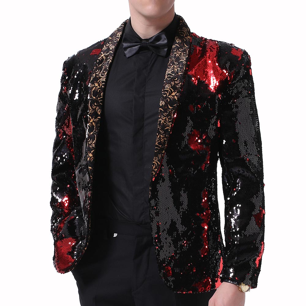Red & Black Shawl Collar Sequins Dance Party Jacket