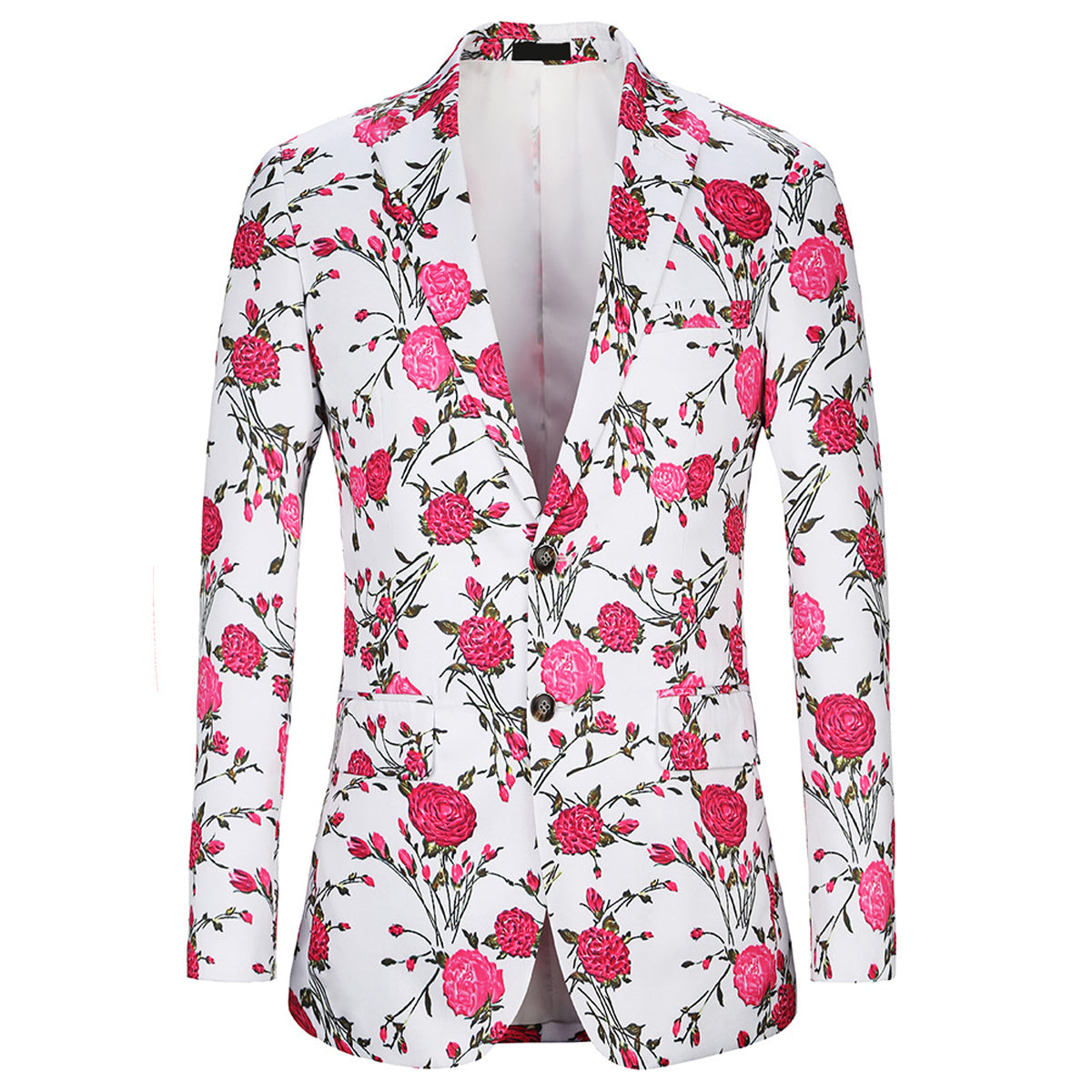 Slim Fit Print Floral Pink Rose Blazer White