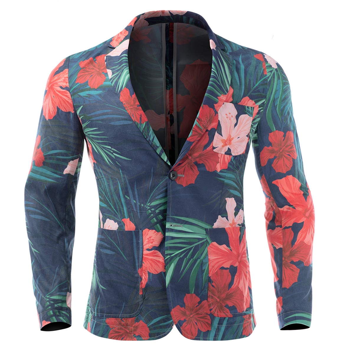 Red Flower Green Leaves Printed Slim Fit Casual Blazer