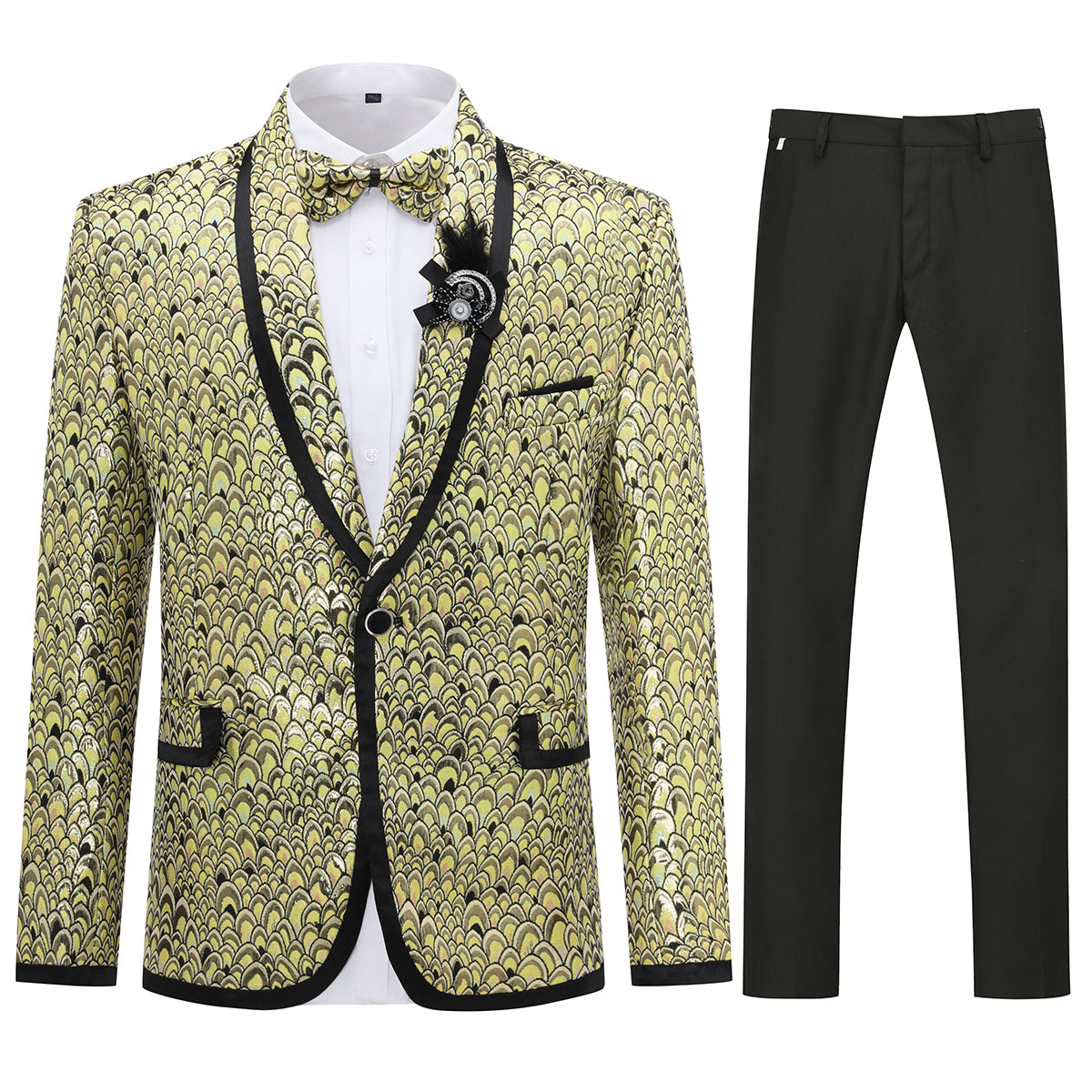 3-Piece Slim Fit Gold Sequin Fish Scales Suit