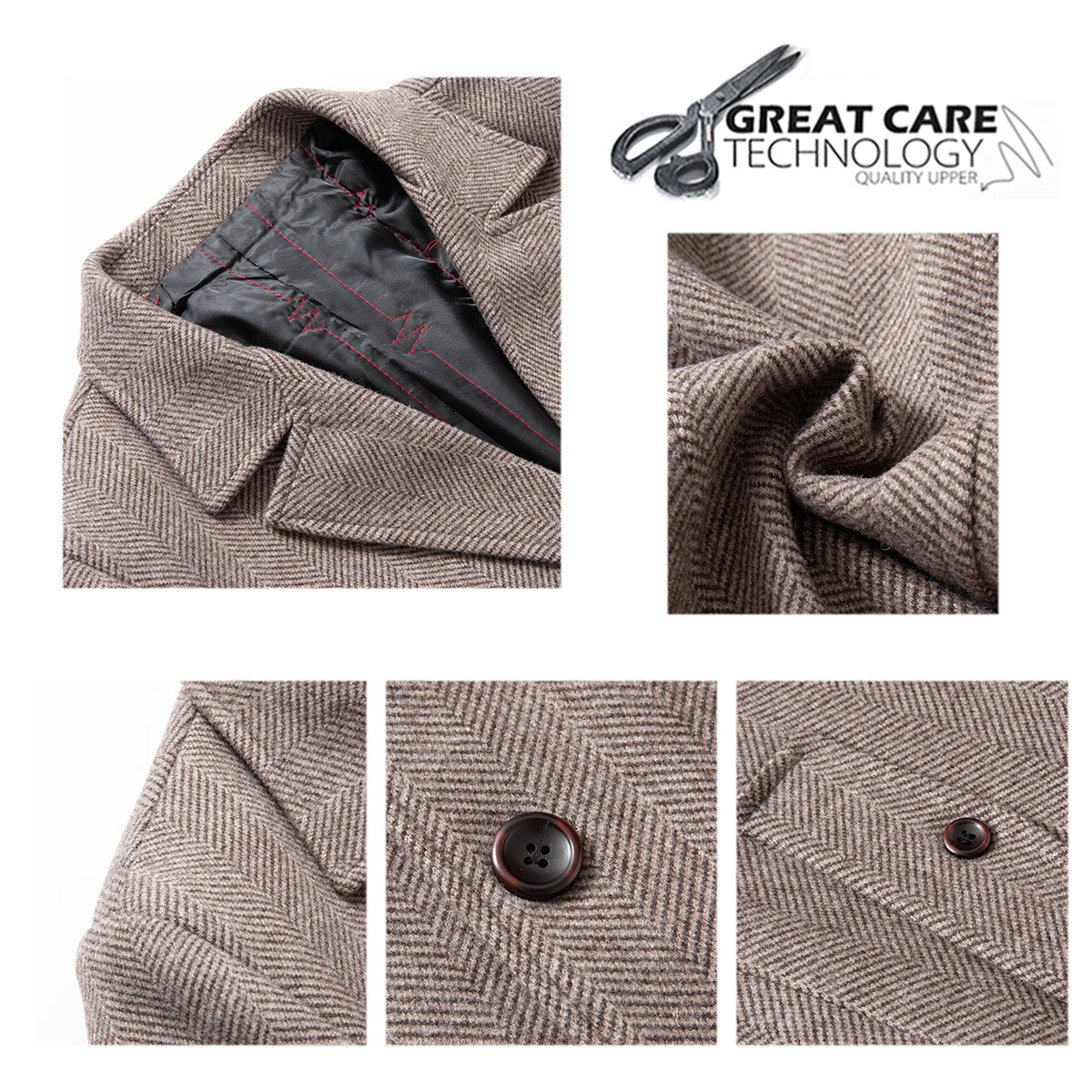Men's Wool Coats Slim Fit Padded Winter Trench Overcoat Brown