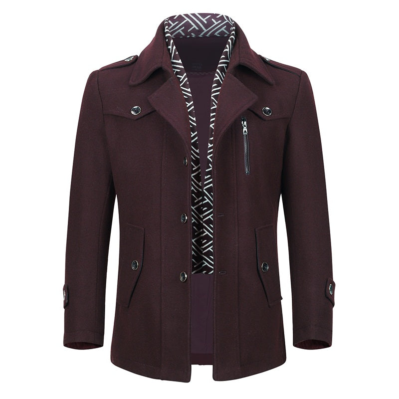 Slim Fit Casual Soild Darkred Overcoat With Removable Scarf