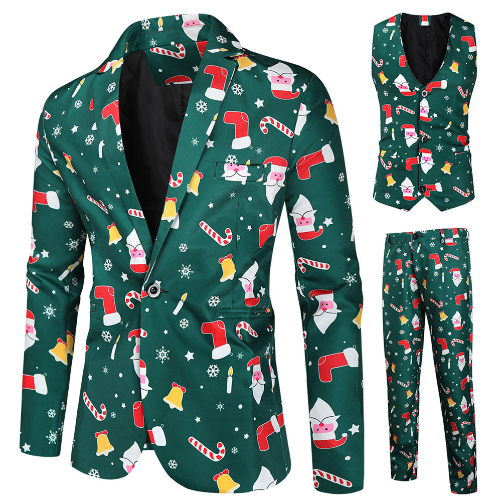 Men's 3-piece Santa Claus Christmas Print Suit Dark Green