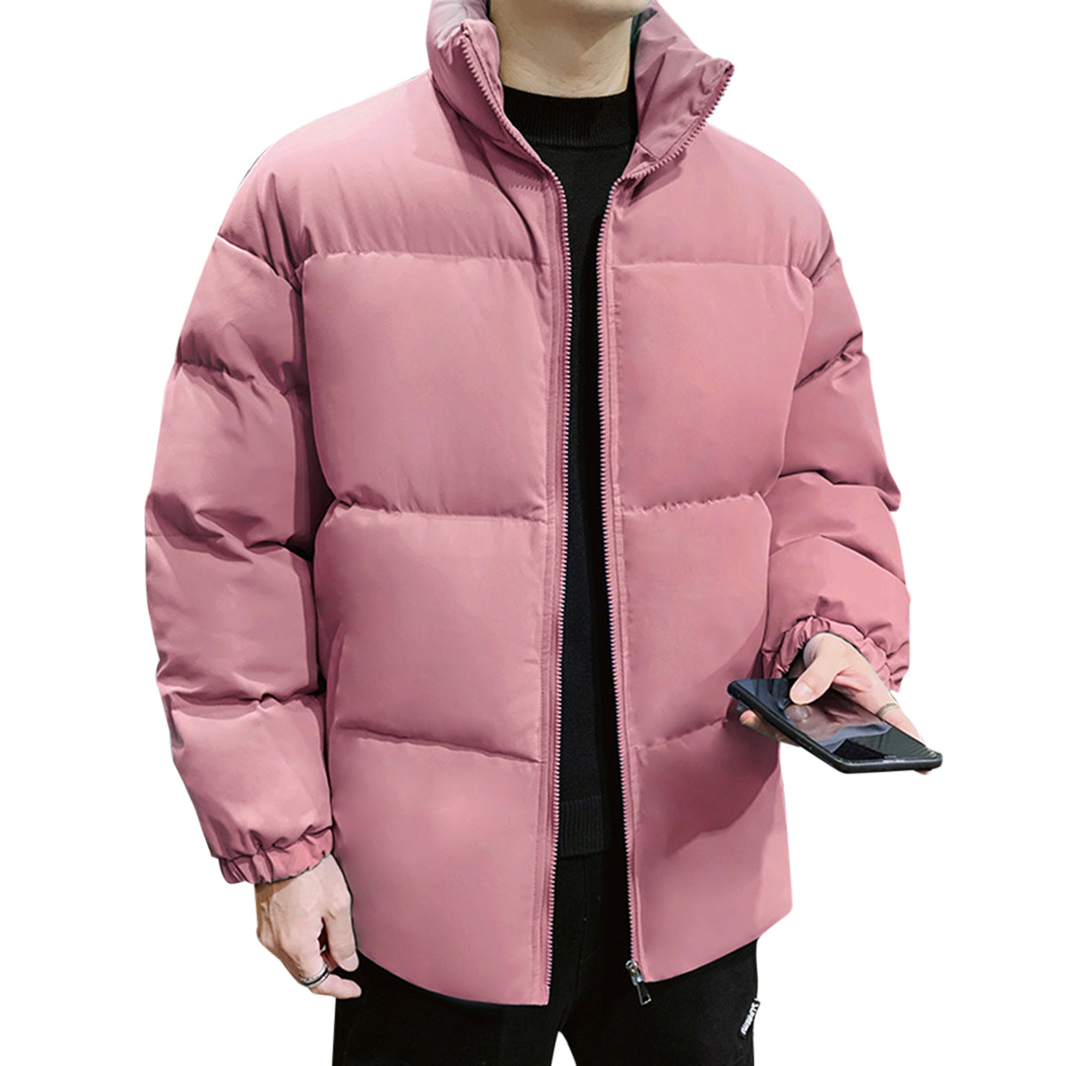 Men's Solid Color Stand Collar Cotton Coat Pink