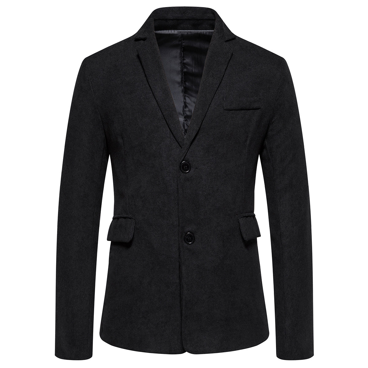2-Piece Solid Color Two Button Single Breasted Corduroy Suit Black