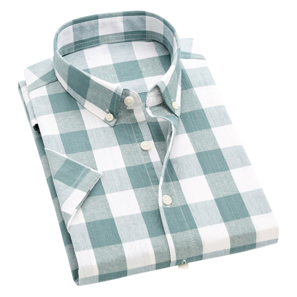 Men's Plaid Square Collar Short Sleeve Shirt Green