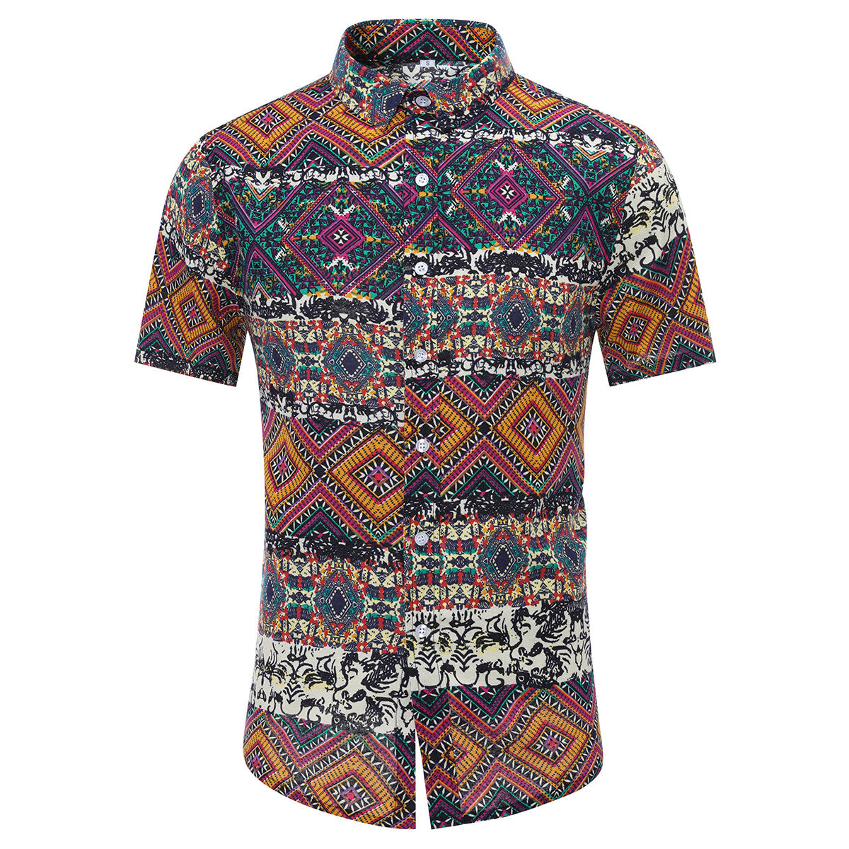 Men's Slim Fit Multicolor Flower Print Short Sleeve Shirt