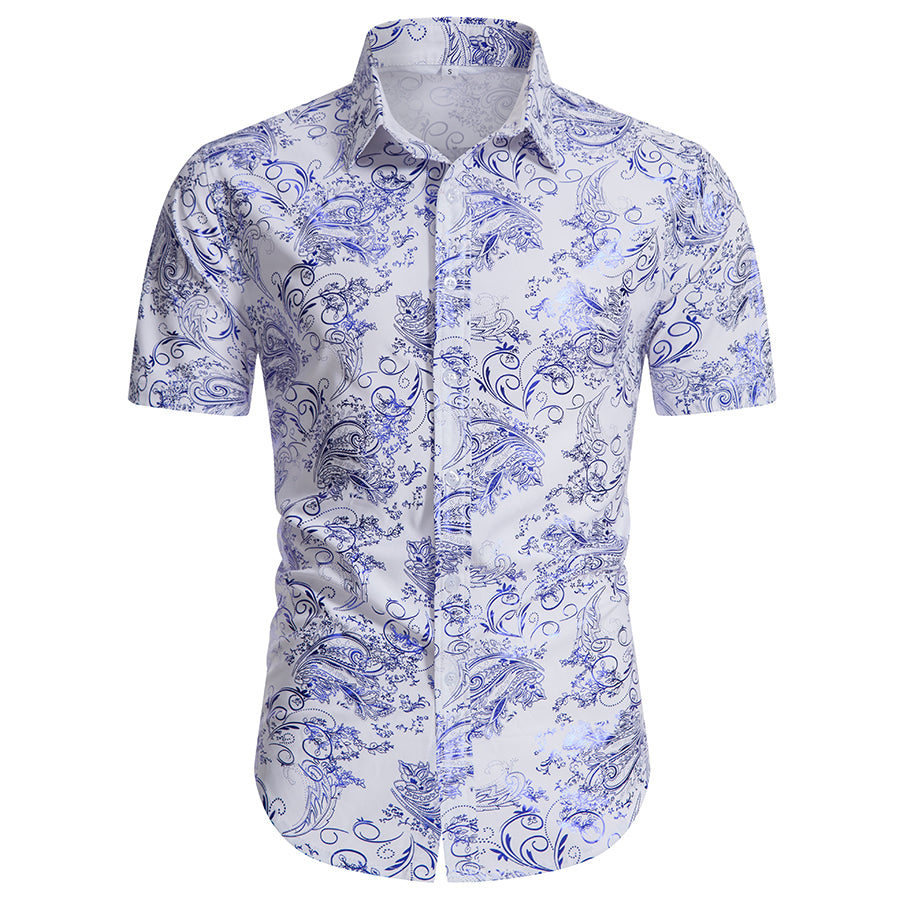 Slim Fit Bronzing Blue Leaves Shirt White