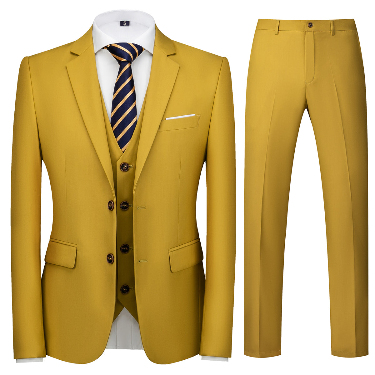 Men's Two-Button Back Slit Lapel Collar 3-Piece Suit Straw Yellow